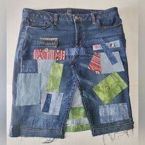 Funky Freyed Denim skirt patchwork  colorful,hobo,african size 18